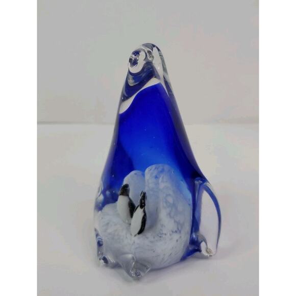 Art Glass Penguin with Two Penguins inside Cobalt Blue Tall Arctic Paperweight - Picture 2 of 7